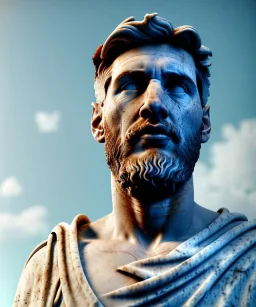 Ultra Realistic image, roman sculpture, white marble material, Lionel Messi, Greece Laurel crown, miguel angel style, chisel style, emperador, waist up portrait, cinematic lighting, God light, god rays, 4k resolution, smooth details, ornate details, soft lighting, unreal engine 5, sky and clouds background.