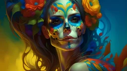 woman wearing colorful Death day face paint., intricate, elegant, highly detailed, digital painting, artstation, concept art, smooth, sharp focus, illustration, art by artgerm and greg rutkowski and alphonse mucha and Wayne Barlowe and Zdislav Beksinski and Francis Bacon and