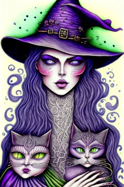 Witch, playing with cats, perfect iris, ink and pencil, pastel colours, style Elizabeth Kreitz