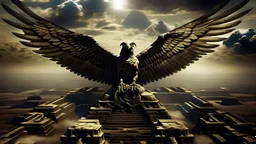 Imagine a picture from above the clouds, where the picture was taken of the falcon-headed god Mentu spreading his two great wings and his body as he flies and inspects the world below him and passes over the three pyramids that were illuminated at night, as well as the Sphinx. The picture is ominous, raising fear and terror to everyone who looks at the falcon-headed god Mentu. He is angry because his eyes lit up with yellow and red. He flies in his golden clothes decorated with the bright colors