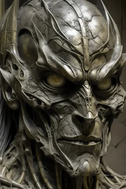 sculpture of Batman face decayed and rotting with grotesque proportions and imagery. abstract grotesqueries, detailed texture, surreal , biomechanical design, by hr giger and beksinski