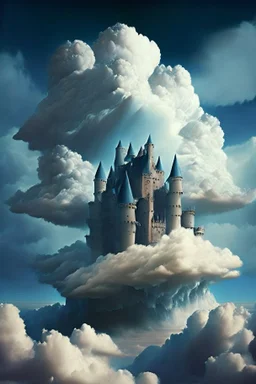 Enormous castle completely made up of clouds in the sky, ominously looming directly above. In the art style of surrealism