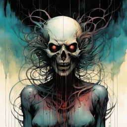 a surreal full body portrait of the inner workings of her disturbed mind as a nightmarish charnel house of screaming pain , in the comic book style of , Bill Sienkiewicz, , Alex Pardee , and Jean Giraud Moebius, muted natural color, sharp focus, ethereal , dark and foreboding