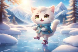 cute anime chibi cat iceskating on a frozen pond, mountains, forest in sunshine Weight:1 heavenly sunshine beams divine bright soft focus holy in the clouds Weight:0.9