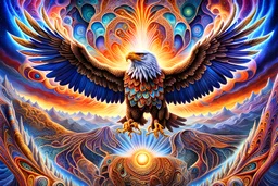 Eagle High Sky Full power Surreal DMT Dimension with vibrant and kaleidoscopic visuals, otherworldly landscapes, intricate geometric patterns, ethereal beings, cosmic energy, glowing fractals, immersive depth of field, cinematic lighting, masterful digital painting by Alex Grey and Android Jones, 8k resolution