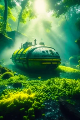 close up on iss space station submarine in the middle of brazilian jungle, crashlanding, depth of field, light rays, mist