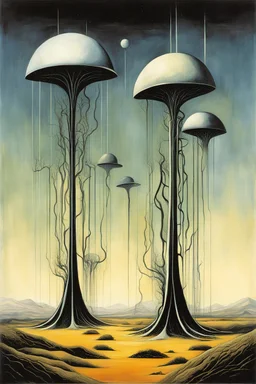 plant trees, first contact concept art, abstract surreal sci-fi, by Colin McCahon and Jim Burns and Brian Despain, by H.R. Giger, silkscreened mind-bending illustration; sci-fi poster art, asymmetric, alien colors, vertical scroll of strange geometric symbols, complex biomorphism, technical biomechanics, futurism