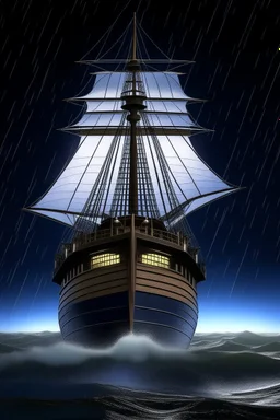 Wooden Ship front view with a Spider figurehead at night in a storm with giant waves