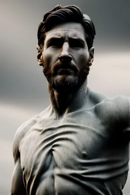 Ultra Realistic image, classical renaissance sculpture, marble material, Lionel Messi, emperor style, chisel style, waist up portrait, epic, celestial, cinematic lighting, God light, god rays, 4k resolution, smooth details, ornate details, soft lighting, unreal engine 5, sky background.