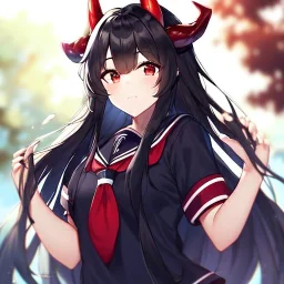 Clear focus,High resolution, Black long hair, Red eyes, Red horns, Wearing a sailor uniform