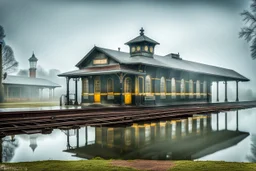 An old vintage train station on a foggy day, add deep dark color and reflections in and around the old stempunk train
