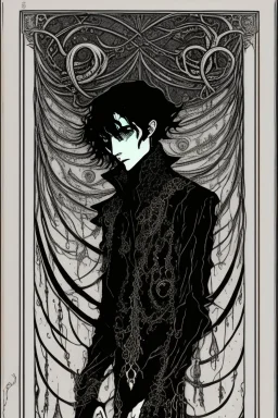 black haired young man necromancer wizard with gothic jewelry and tentacle fingers in the style of Harry Clarke