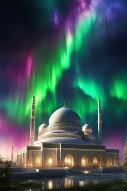 A realistic islamic Mosque modern futuristic, dramatic Colors Aurora nebula sky.