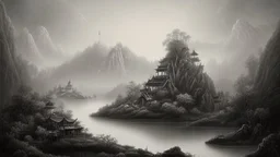 Tranquility landscape of hill on misty black ink watercolor chinese paint art