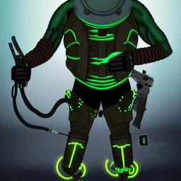 Alien, snake, metaljellyfishsombrero, vest, hands, holding gun, holster, steel military boots, squishy, chest plate, oxygen mask, bulbus nos snout, reptile pupil, blasterrifle