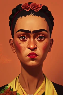 Portrait of a Baby Frida Kahlo , an abstract painting of rusted metal and flowers, rust, blender 3d , textured, beautiful perfect angry baby face, soft factions, highly detailed By Disney