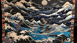 A purplish black cosmic dimension with demented canvas designed in Navajo woven art painted by Katsushika Hokusai