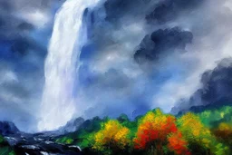 Cloudy dark sky, epic waterfall landscape, impressionism painting