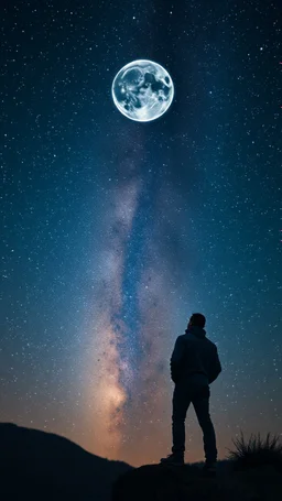 Busch style a man is Watching the stars at night , one planet is glowing