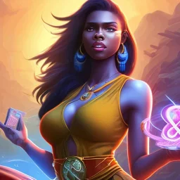 Full body, heroic fantasy, woman, dark skin, Indian, 20 years old, half-hawk haircut, magician, warrior, hourglass body shape, bicolor hair, muscular