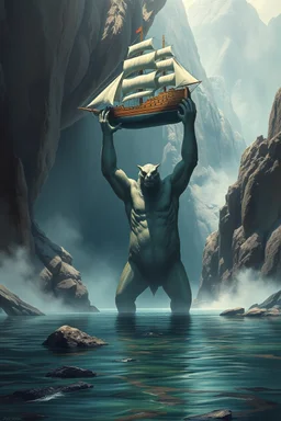 A giant creature holding and lifting up a big ship over head with his arms , a Smokey texture standing in a water in front of a mythical cave in granite volcanic mountain . Busch painting style