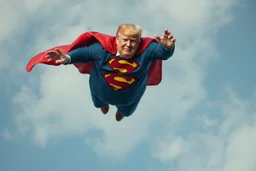 a thoroughly confused, frail, elderly and obese donald trump flying through the air dressed as superman