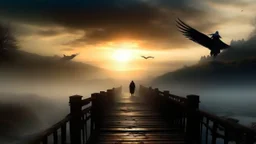 walking straight ahead over a wooden bridge, holding the angel of death with your right hand, entering the fog at the end of the road that leads to the afterlife, a stream from the mountains flows from the right and left, and a beautiful sunset behind the fog, and the kingdom of Heaven, realistic