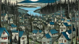 A gray shadowy village in twilight designed in pacific Northwest totem poles painted by Pieter Bruegel the Elder