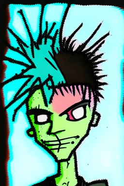 2d portrait drawing of a stickman, cool with punk hair, x eyes like hangman, close-up, side view bended looking into the camera, smiling,in colour