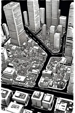 Tokyo city view from very above. top view, manga style, black and white