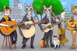 Group of three mature cats musicians, one cat playing guitar, one cat playing drums, one cat holding microphone and singing, street, Vienna, smiling, sunny day, model style, hyper realistic, extremely accurate, delicate, extremely detailed, Graphic novel style, wide-angle, open aperture, superfine pencil