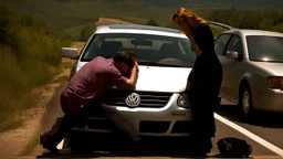 man and crying lady on side of the road inside broken down jetta