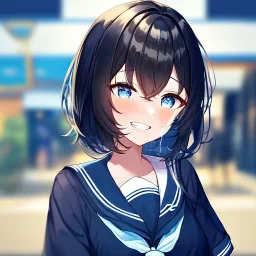 Clear focus,High resolution, Black short fluffy hair, and blue eyes, wearing a sailor uniform, blushing smiling with teeth, crying