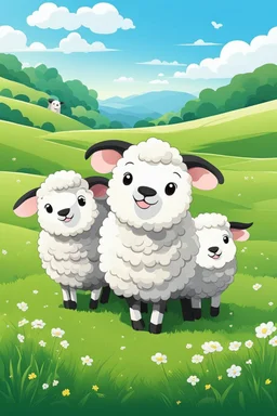 create an image with 4 cute sheep with the typography, happy face "sheep of faith", 2d, cartoon style, chibbi, kawai, a green field and blue sky in the background