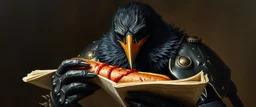 master oil painting by Rembrandt, good afternoon bitch scary blood sparrow, the most dreaded sparrow, close up, in dark blood bath, blood dripping, evil big eyes, scary shining armor with a whole for his beak, like a count, he is eating a hot dog with a bunch on dark knights and reading the news paper