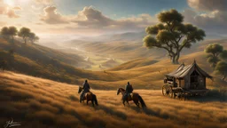 An endless steppe. hills to the right. The hills is densely covered in white oaks. distant riders and wagons. fantasy concept art, exquisite realism, a masterpiece, dynamic lighting, hyperdetailed, intricately detailed, deep color, Unreal Engine, volumetric lighting , Epic cinematic brilliant stunning intricate meticulously detailed dramatic atmospheric maximal,