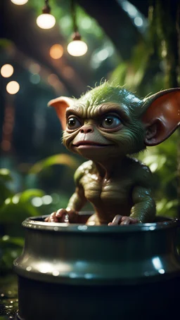 close up portrait of a gremlin mode a bucket in dark lit reflective wet jungle metallic hall dome hotel tunnel, in the style of a game,bokeh like f/0.8, tilt-shift lens 8k, high detail, smooth render, down-light, unreal engine, prize winning