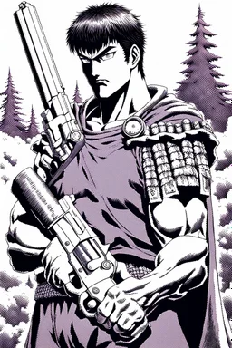 Guts from Berserk holds a revolver gun to his head.