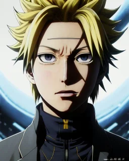 Detailed anime portrait of denki Kaminari from my hero academia, yellow hair, black suit, intricate details, full body portrait, keep head in frame, slight smile, black Japanese motif, concept art, highly detailed, digital painting, concept art, sharp focus, illustration, art by Yoji Shinkawa, WLOP and greg rutkowski and alphonse mucha and artgerm and yanjun Chen and Junji ito and Makoto Shinkai, HDR, octane render