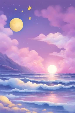 sky colored purple blue and pink and white , ocean , white moon , yellow stars