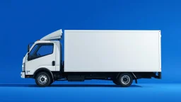 side profile of a white generic light commercial truck with cube box, blue backgroundm pixxar