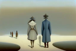 two gender-neutral people seen from behind walking side by side in an empty foggy plain, above there is blue sky by artist "Leonora Carrington",by artist "Christian Schloe",by artist "Kay Sage"