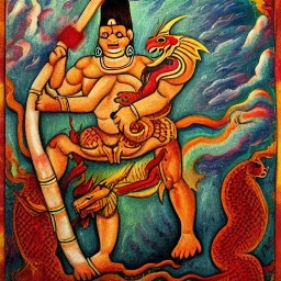 mayan god with thunder bolt in hand riding a dragon painting