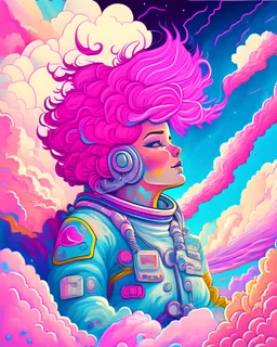 Highly detailed portrait of an astronaut. vintage style with a bright and cheerful color scheme, vivid pink hair, featuring a mix of pastel blues, pinks, and purples, standing with his arms folded, surrounded by a swirl of energy. The background is a colorful cartoon landscape, with fluffy clouds and a rainbow. The background is a stark, metallic landscape, with a futuristic cityscape visible in the distance. by atey ghailan, by eduard hopper, by greg tocchini, by james gilleard, grunge aestheti