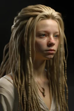 18 year old woman with long blonde dreadlocks, thin waste, , 4k, photorealistic