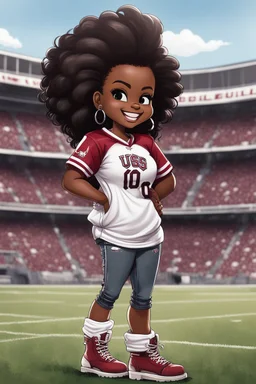 A sassy thick-lined airbrush cartoon image of a black chibi girl standing in front of a football stadium. She is wearing a University of South Carolina football jersey with tight white jeans and timberland boots. behind her curvy body. Looking up coyly, she grins widely, showing sharp teeth. Her poofy hair forms a mane framing her confident, regal expression. Prominent maekup with hazel eyes. Hair is highly detailed.