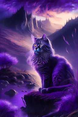 majestic cat, violet tones, fantasy landscape