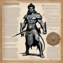 character concept sheet with AD&D statistics and characteristics, [high res photo by Ray Harryhausen for Mahābhārata module B3] a character of Pāṇḍavas class of King: Arjuna — Son of Indra, the King of the Gods Epithets: Pārtha, Dhananjaya (“conqueror of wealth”), Gudākeśa (“master of sleep”) Qualities: Peerless archer and greatest warrior of his age. Represents discipline, focus, and devotion. Has deep emotional intelligence and a spiritual side — his moral conflict on the battlefield gives ris