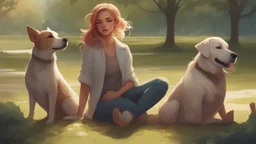 Woman with two adorable dogs in a serene park setting, soft natural lighting, detailed character design, digital painting by Lois van Baarle and Charlie Bowater, heartwarming, expressive eyes, 4k resolution