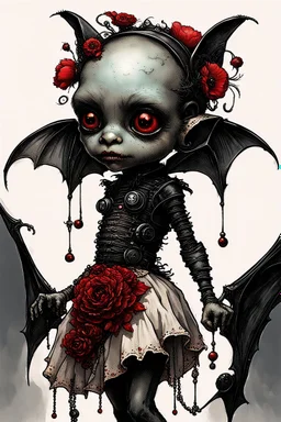 Artist Jean-Baptiste Monge style. A humanoid biomechanical Black bat-flower headed Baby with red eyes and a black and red dress. Modifiers: award winning crisp quality very cute